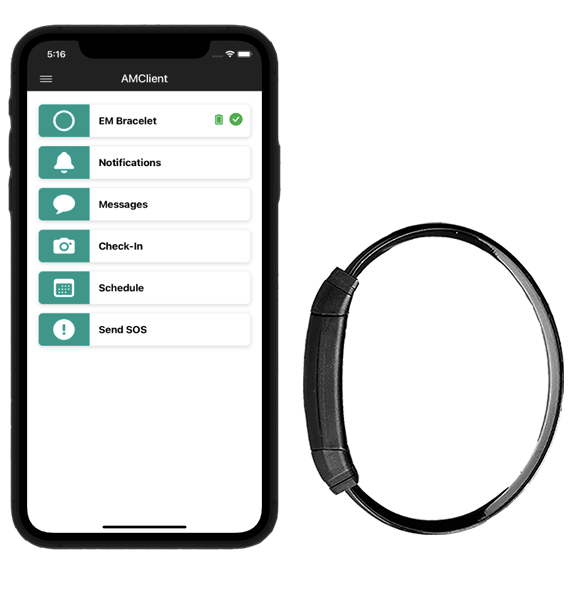 CO-EYE AMClient smartphone app with BLE wristband tether for electronic monitoring and probation GPS programs