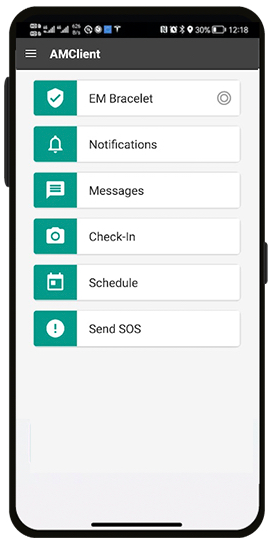 CO-EYE AMClient victim protection smartphone app showing EM Bracelet status, Notifications, Messages, Check-In, Schedule, and SOS panic button for domestic violence survivor protection