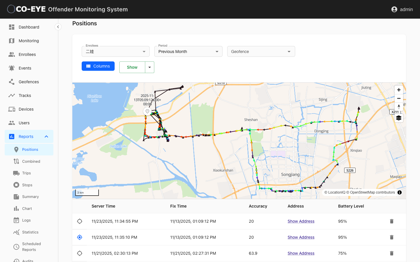 CO-EYE monitoring software GPS tracking playback dashboard showing offender movement history and geofence monitoring for domestic violence supervision