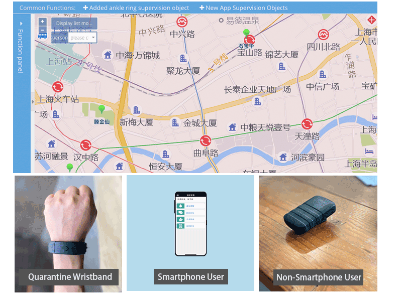 CO-EYE BLE bracelet paired with AMClient smartphone app — real-time quarantine monitoring with cabin proximity verification and health check-in