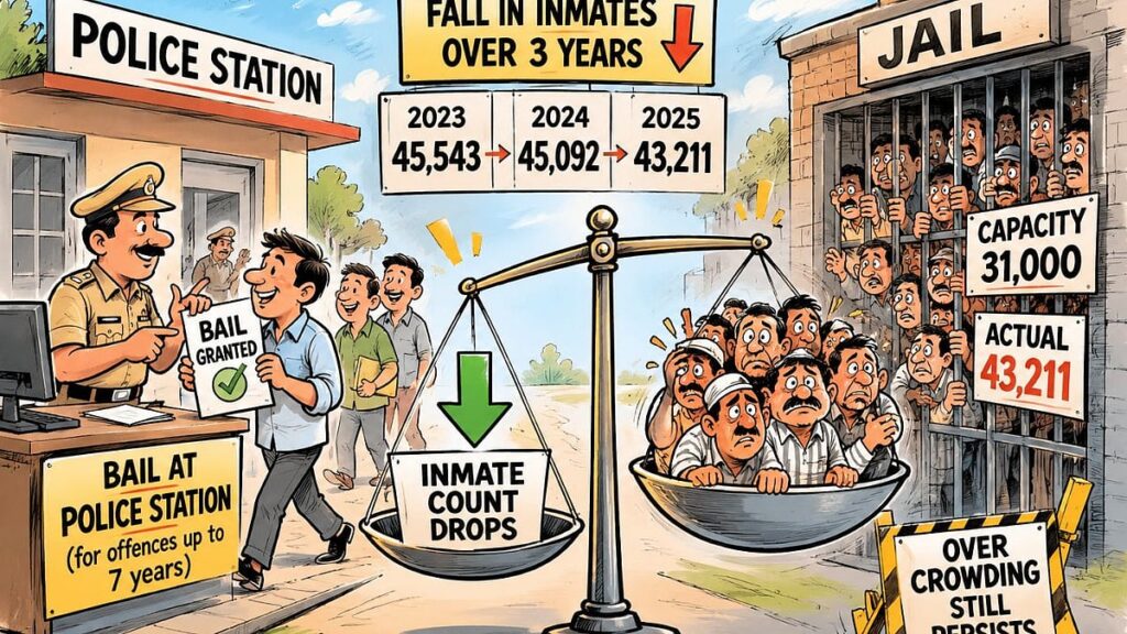 India Madhya Pradesh prison overcrowding statistics showing 2,332 inmate population decrease from bail reform under BNSS Section 479