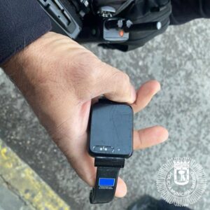 Cut GPS wristband monitoring bracelet confiscated by Madrid Municipal Police - Spain Cometa system domestic violence tracker removed by offender