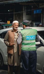 Police officer on a street in Pakistan — Karachi authorities proposed electronic monitoring for bail suspects but the program remains unimplemented